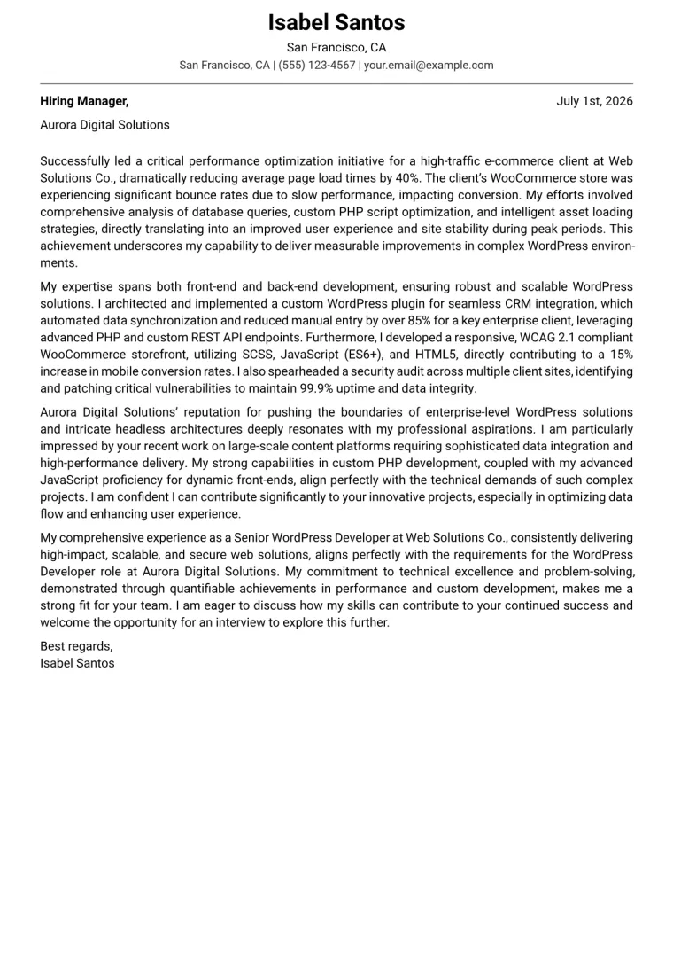 WordPress Developer cover letter example preview