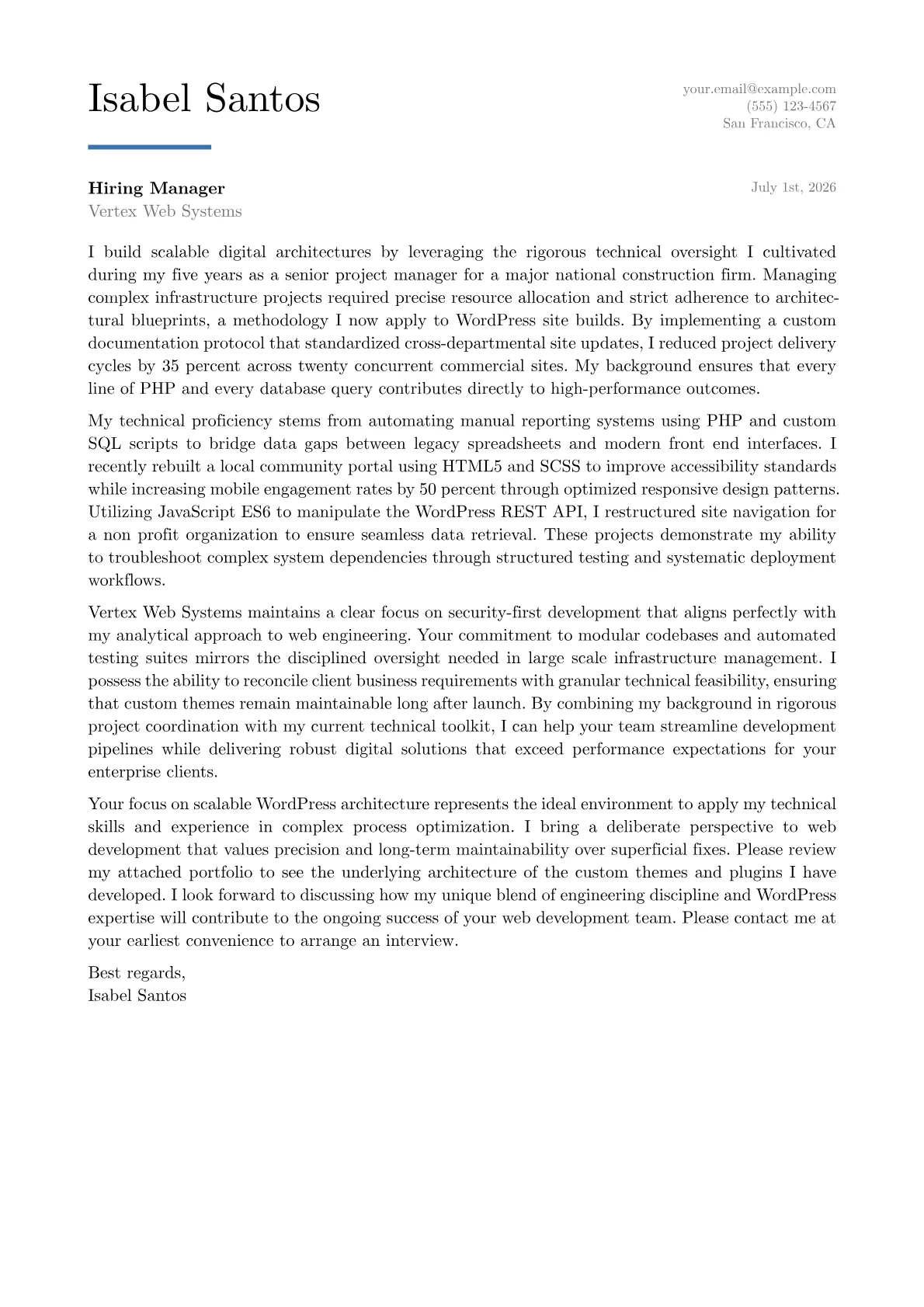 WordPress Developer cover letter in the Executive design