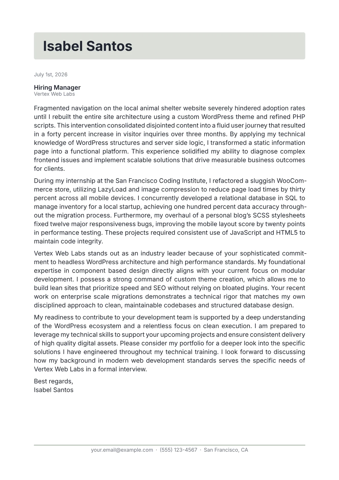 WordPress Developer cover letter in the Letterhead design