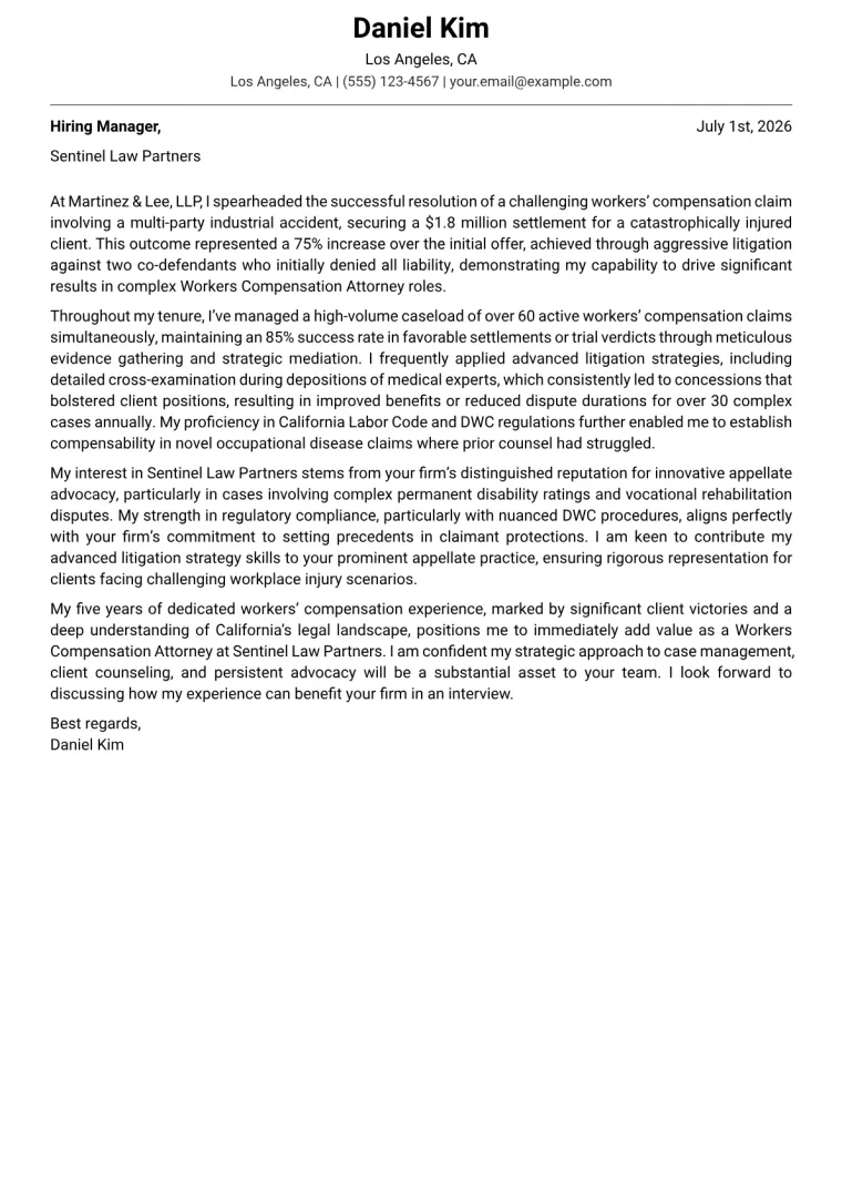 Workers Compensation Attorney cover letter example