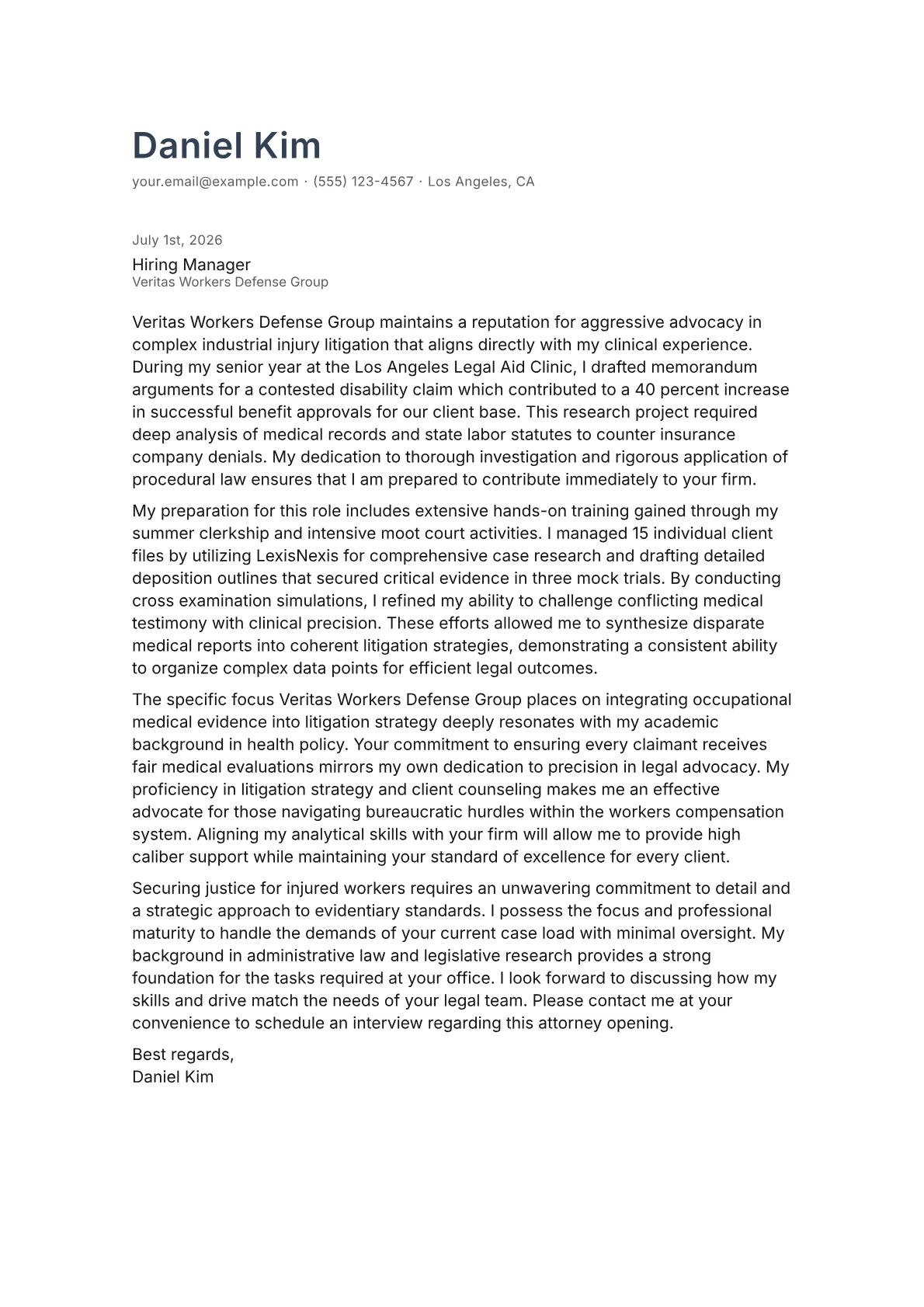 Workers Compensation Attorney cover letter in the Minimal design