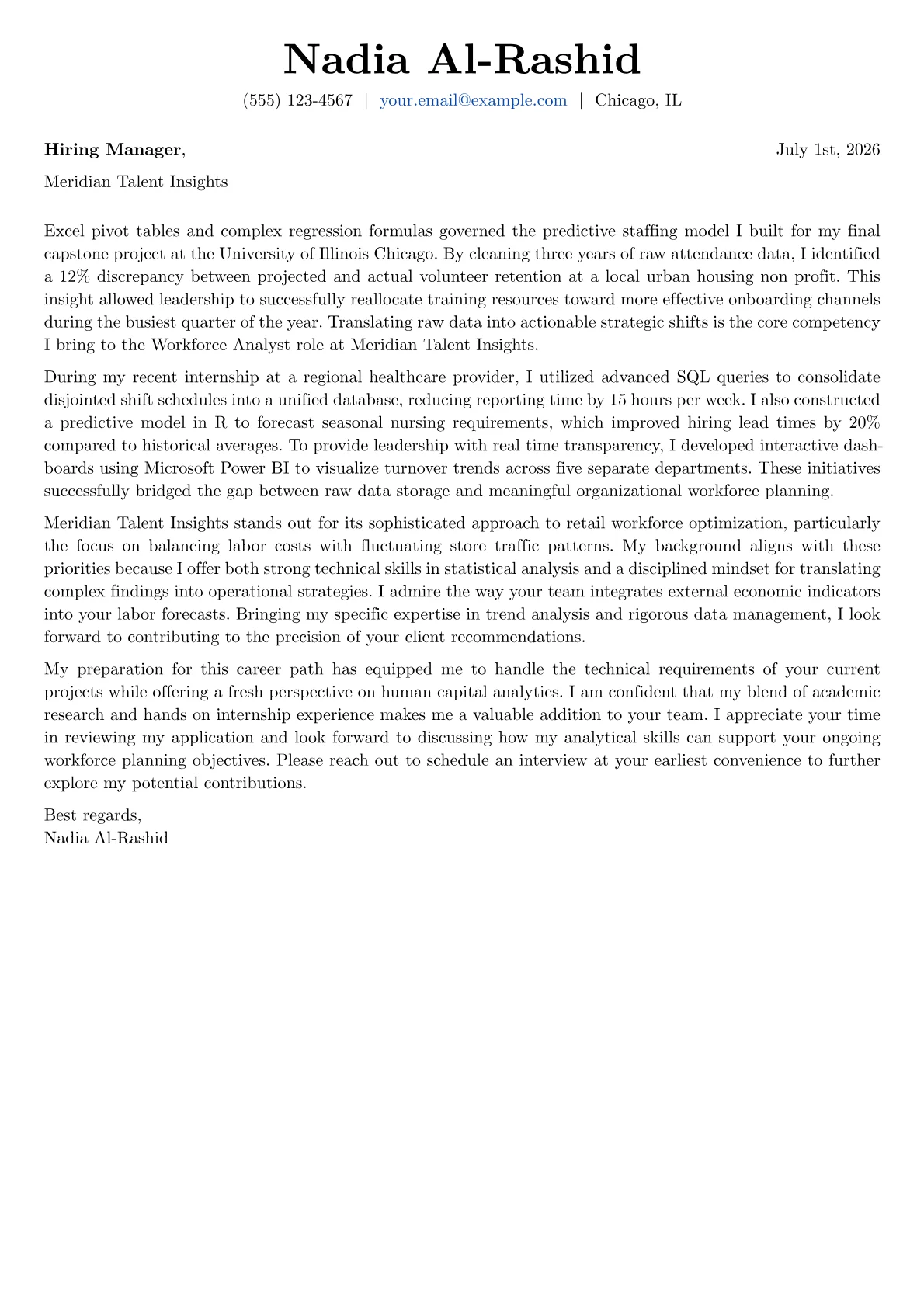 Workforce Analyst cover letter in the Basic design