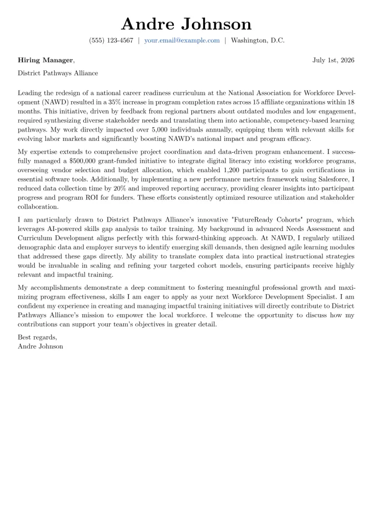 Workforce Development Specialist cover letter example preview