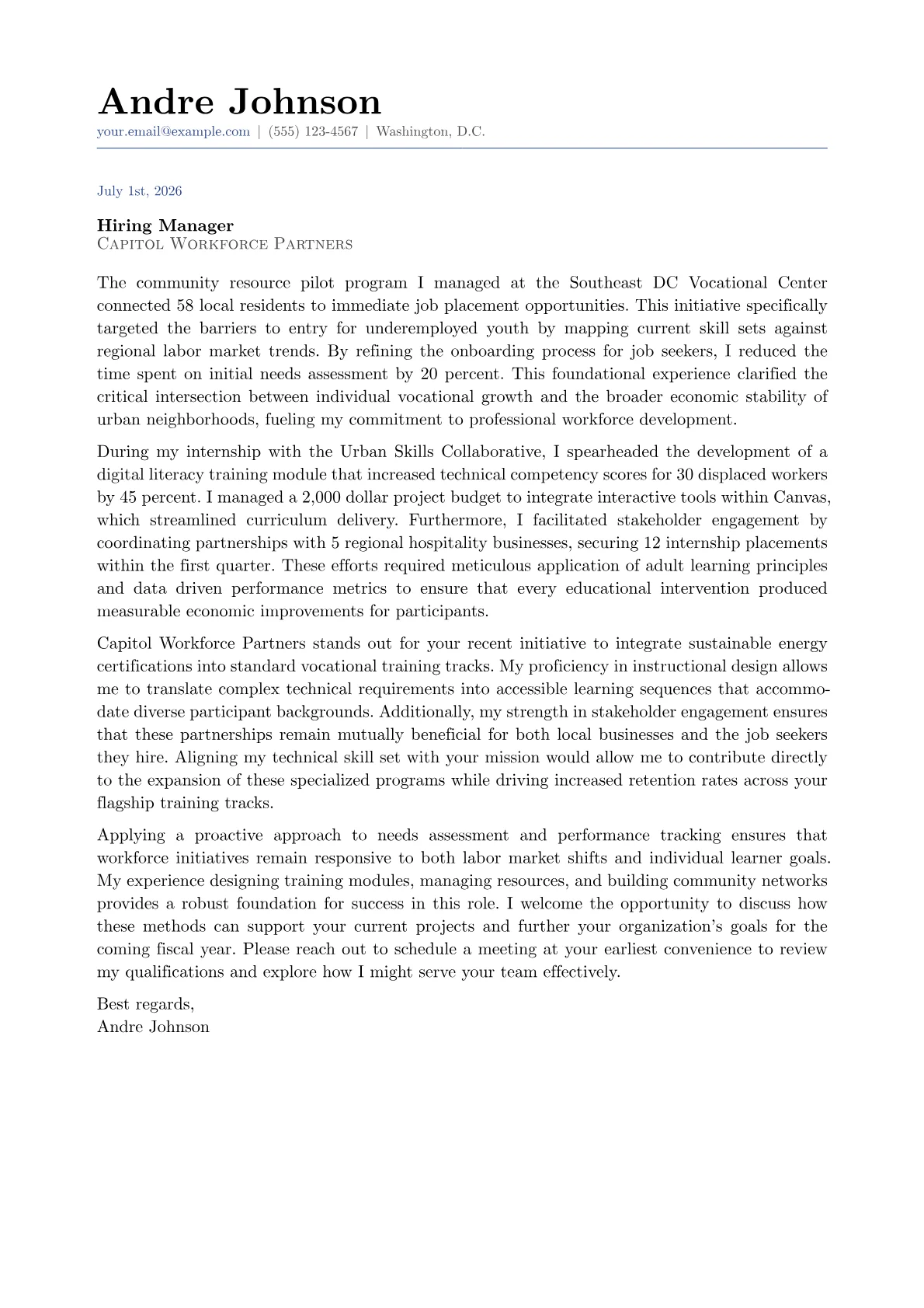 Workforce Development Specialist cover letter in the Classic design