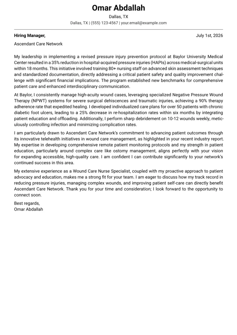 Wound Care Nurse cover letter example