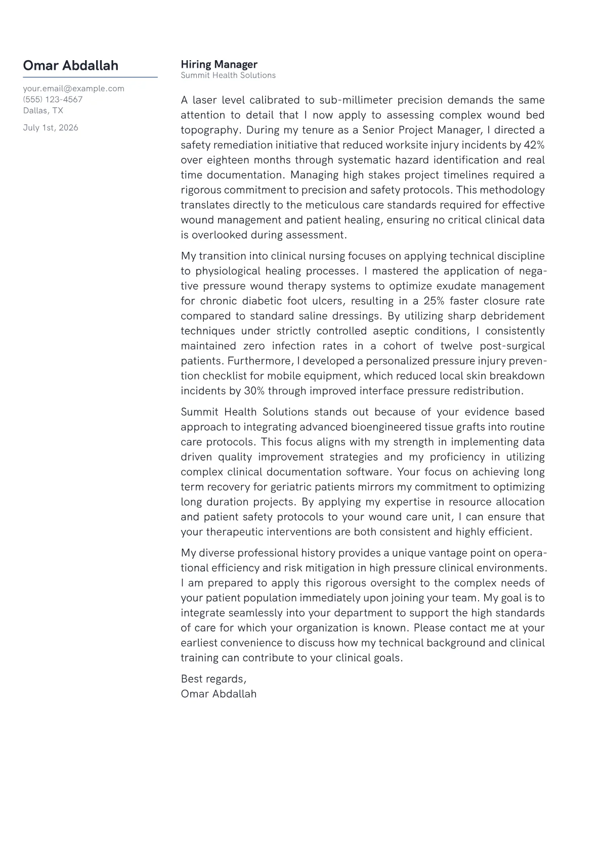 Wound Care Nurse cover letter in the Margin design