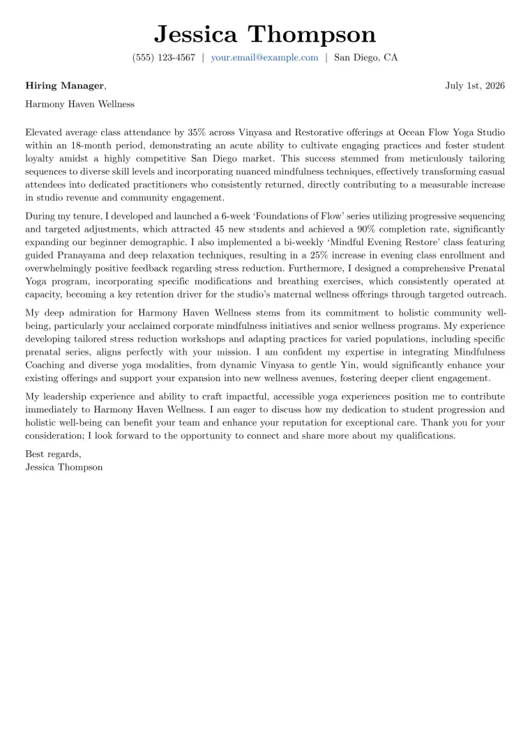 Yoga Instructor Cover Letter Example