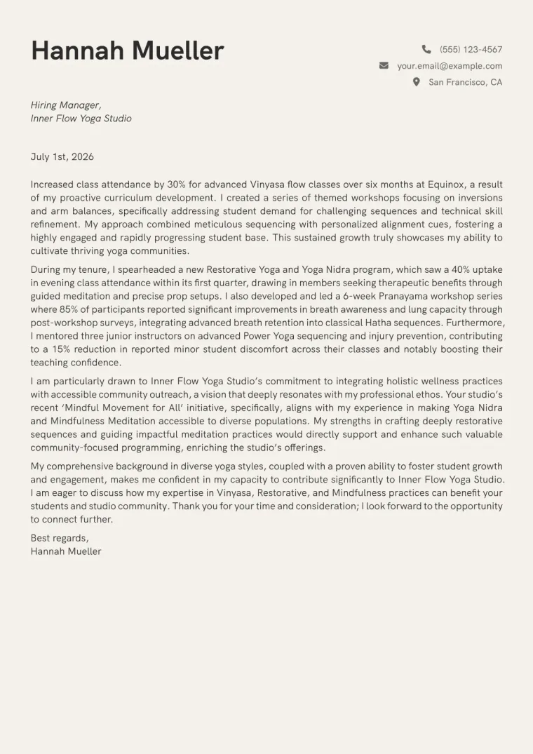 Yoga Teacher Cover Letter Example