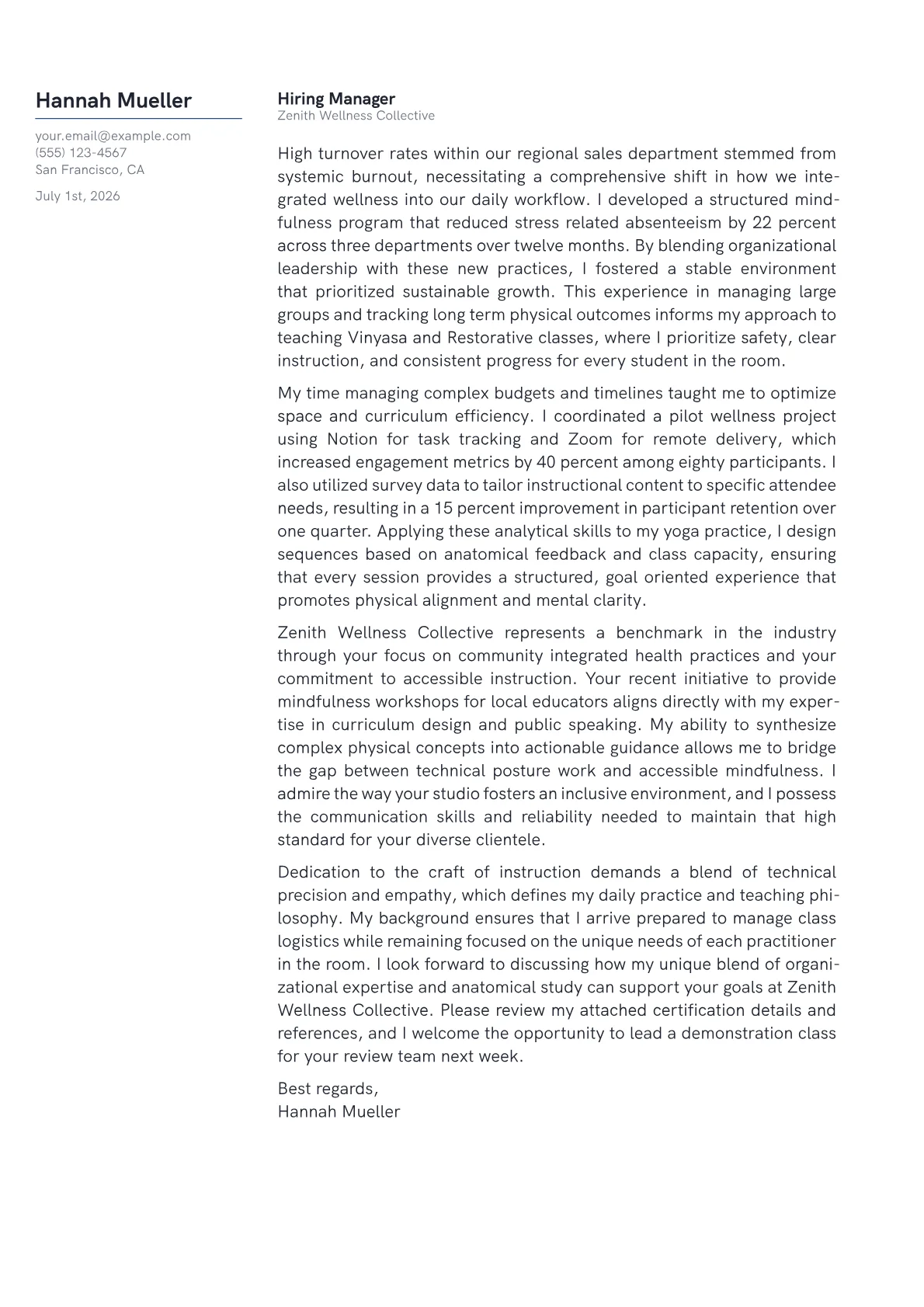 Yoga Teacher cover letter in the Margin design