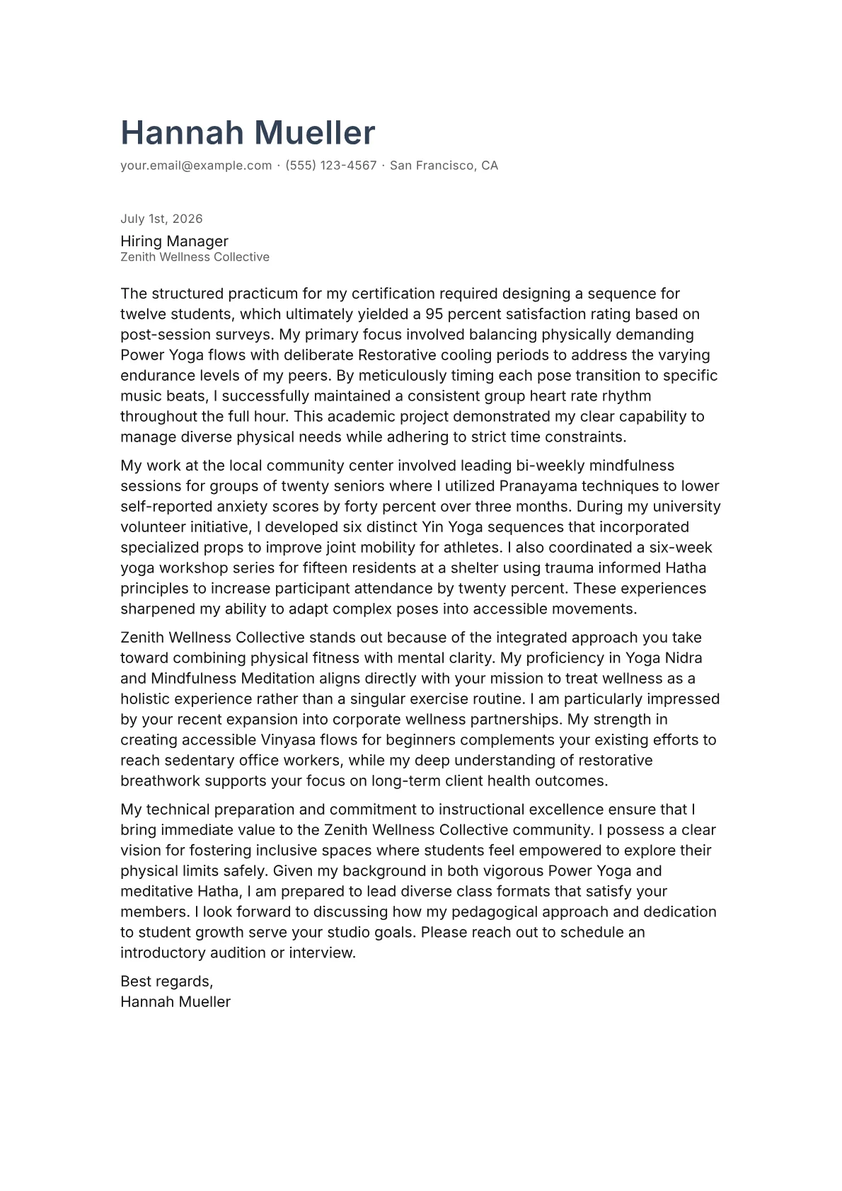 Yoga Teacher cover letter in the Minimal design