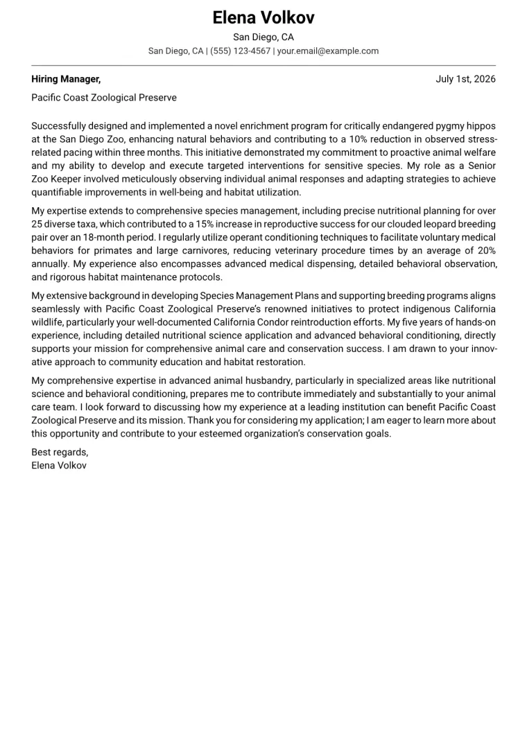Zoo Keeper Cover Letter Example + Template (2026)