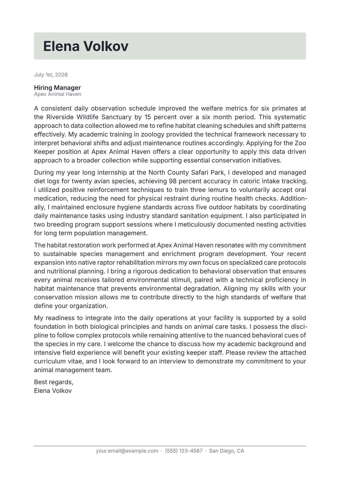 Zoo Keeper Cover Letter Example + Template (2026)