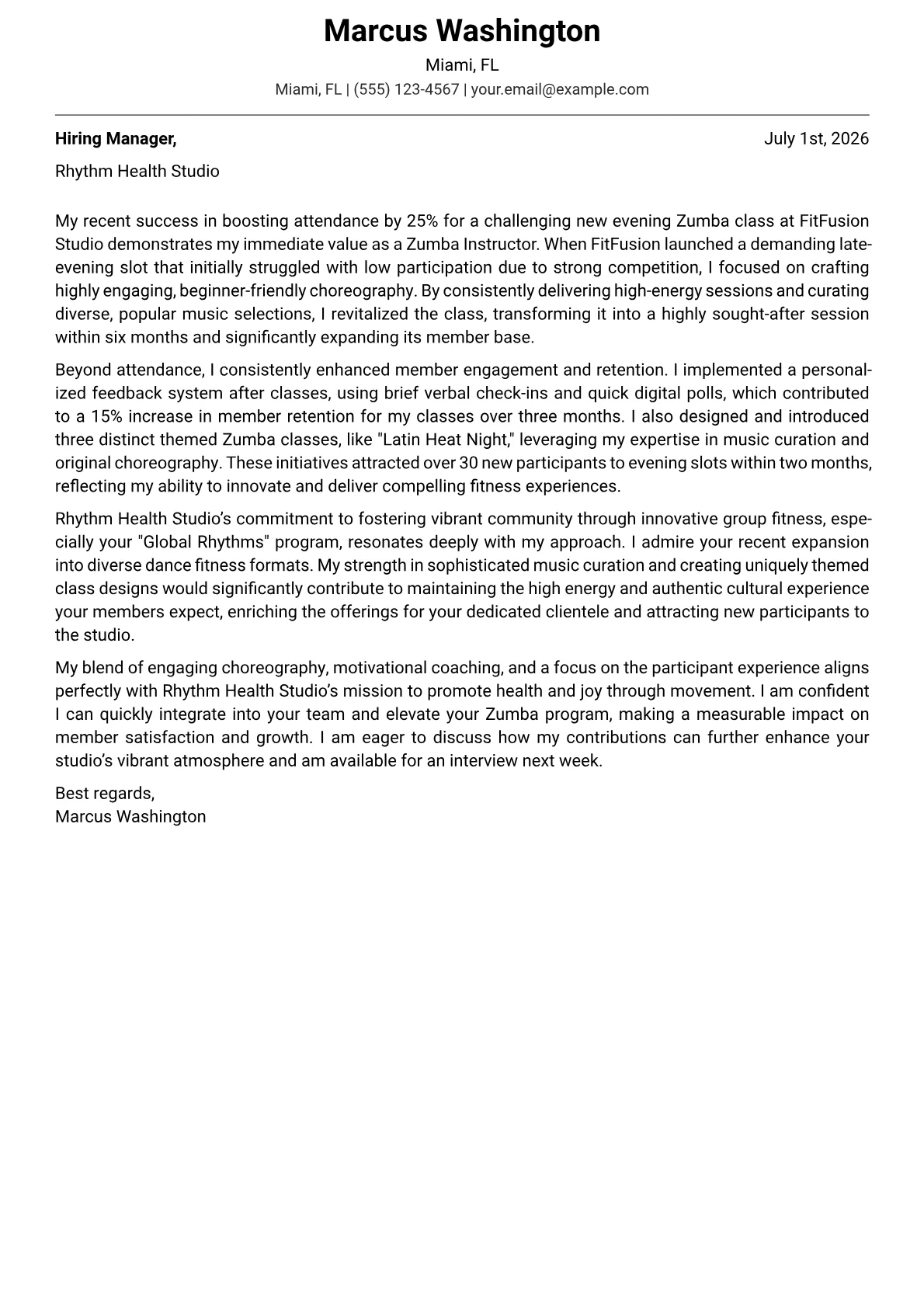 Zumba Instructor cover letter formatted with a JobSprout template