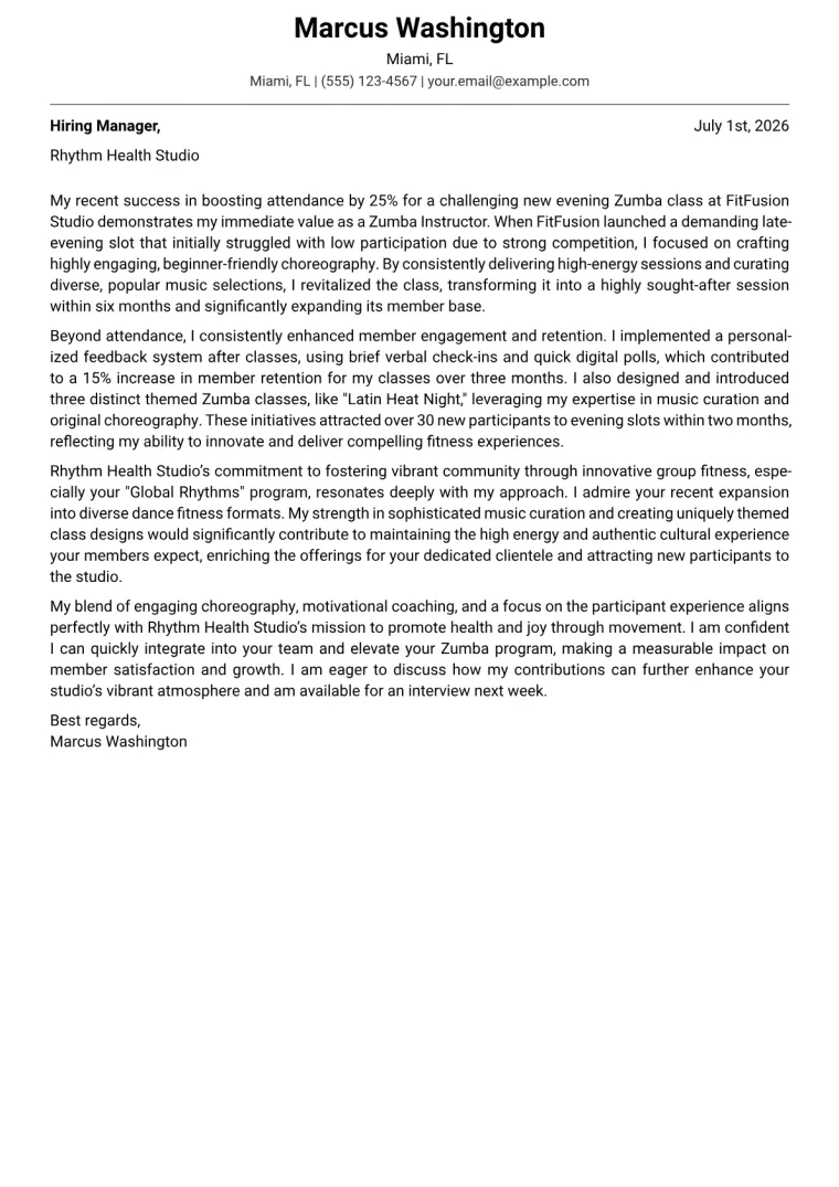 Zumba Instructor cover letter example preview