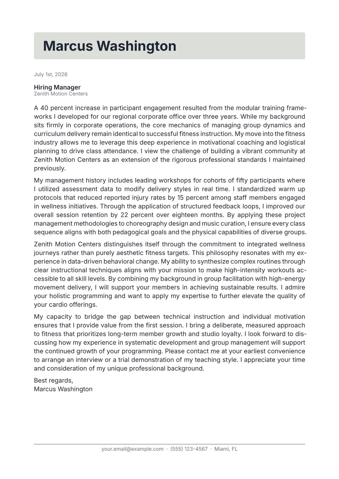 Zumba Instructor cover letter in the Letterhead design