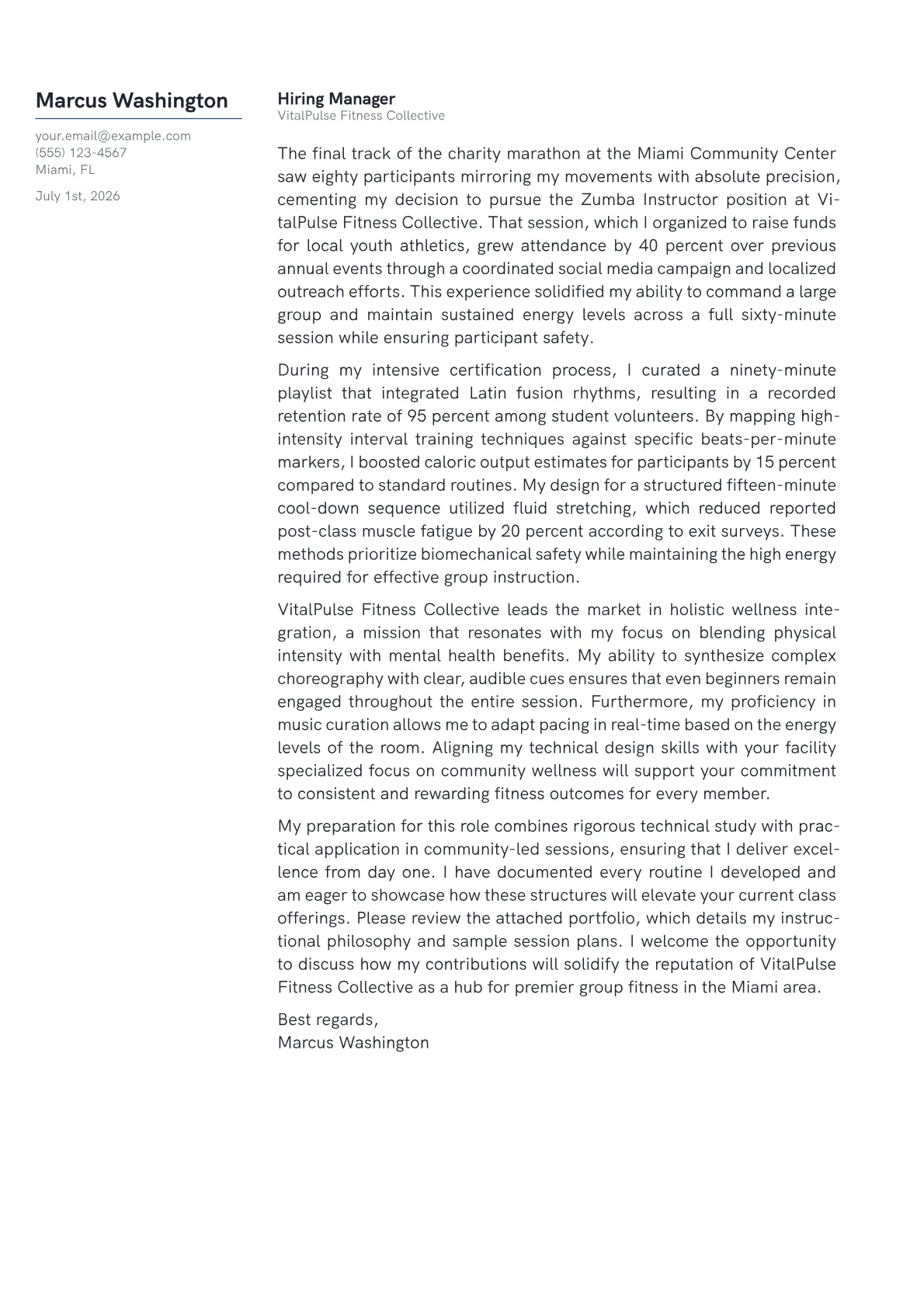 Zumba Instructor cover letter in the Margin design