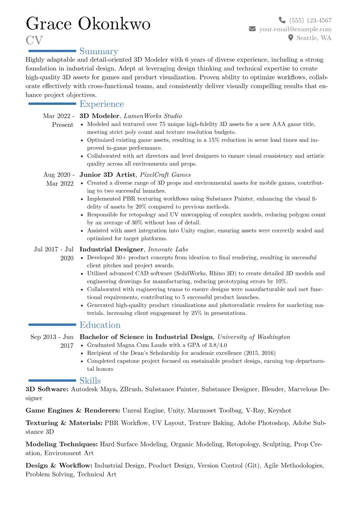 3D Modeler resume example, Career changer, page 1