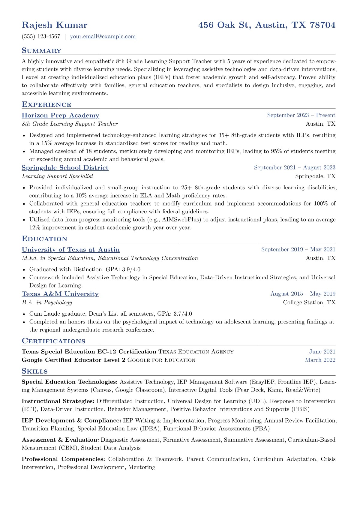 8th Grade Learning Support Teacher resume example, Special Education, page 1