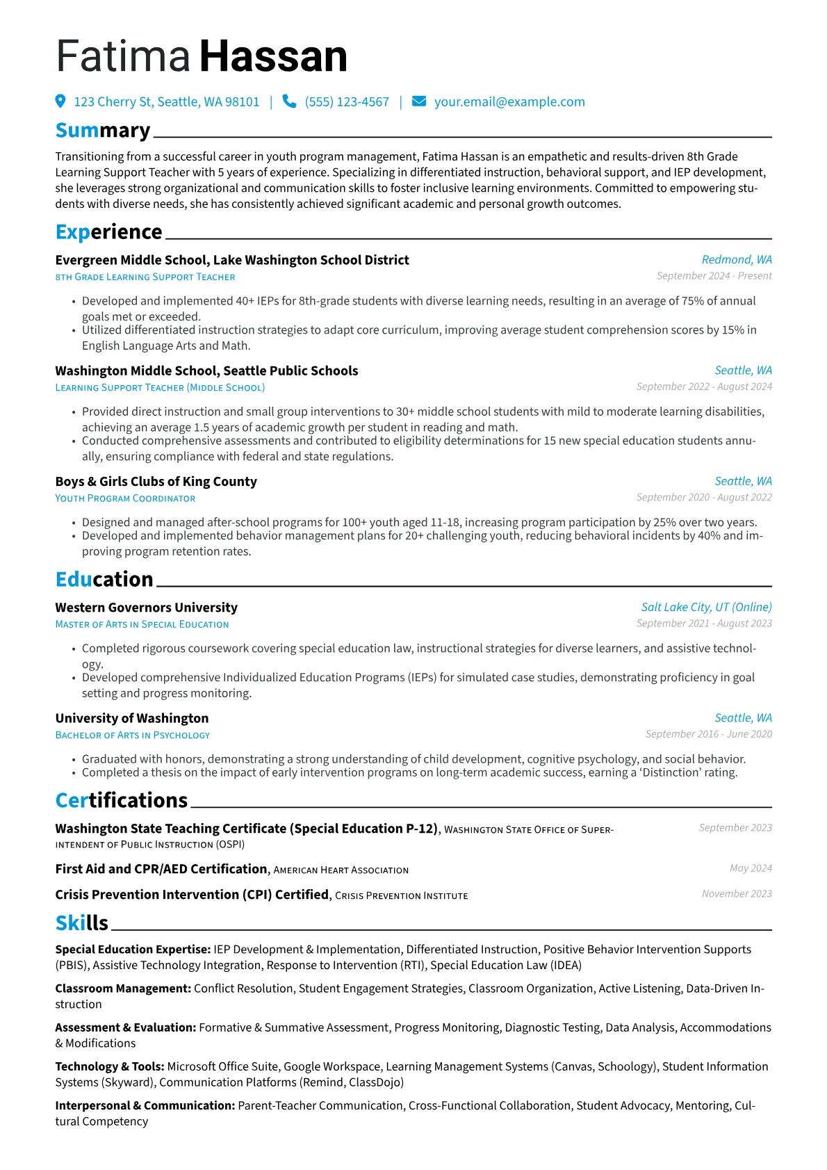 8th Grade Learning Support Teacher resume example, Career changer, page 1