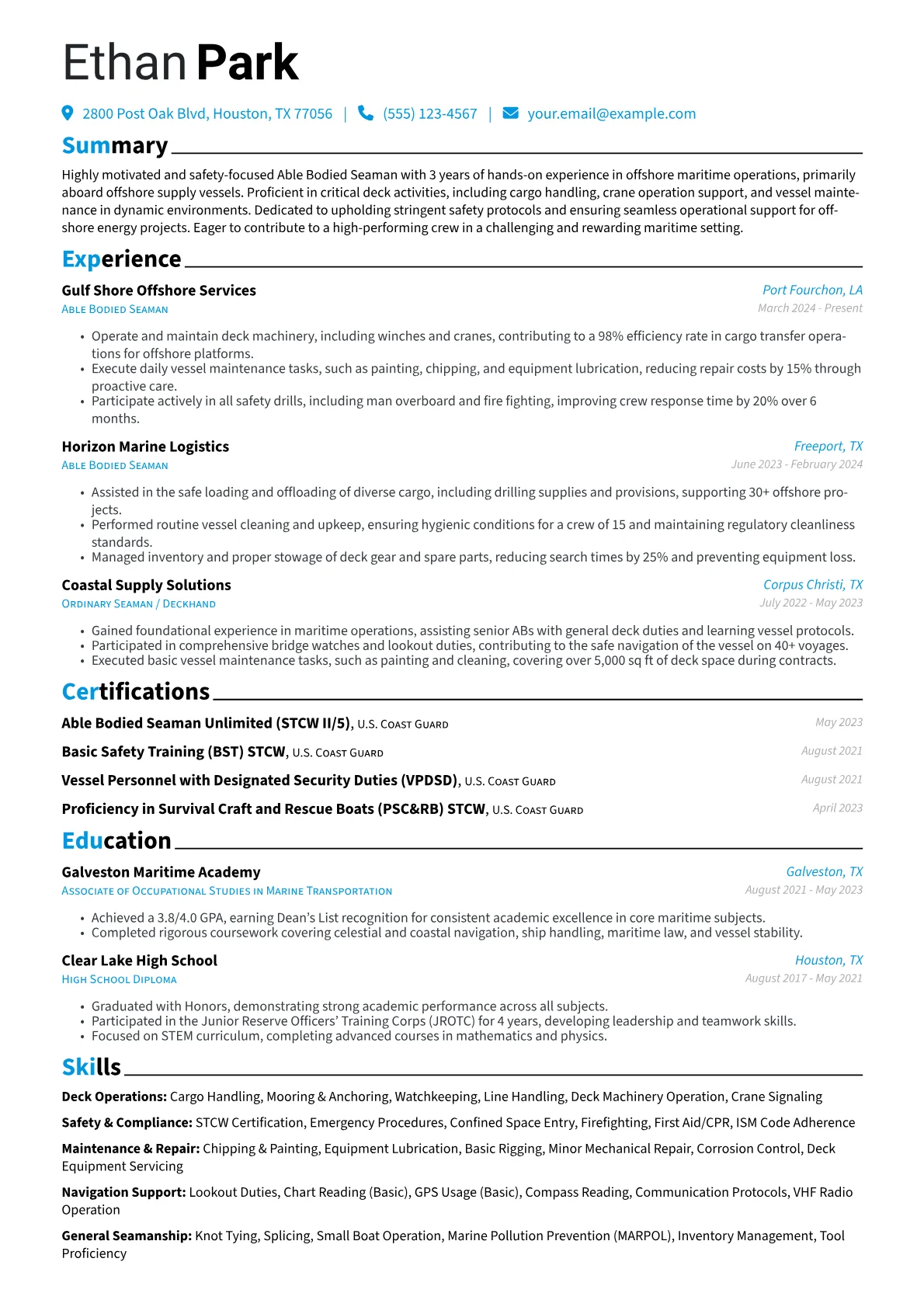 Able Bodied Seaman resume example, Offshore Supply Vessel, page 1
