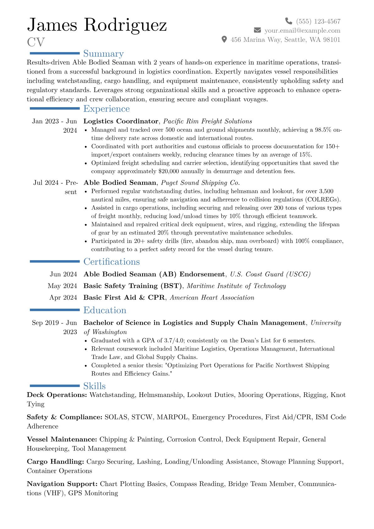 Able Bodied Seaman resume example, Career changer, page 1