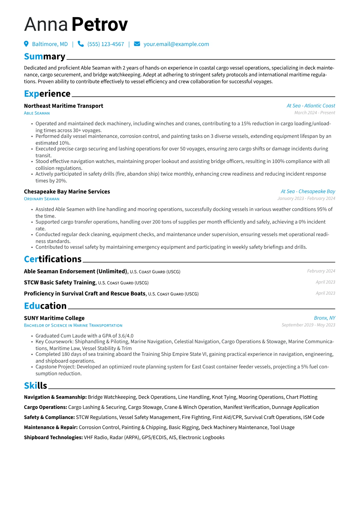 Able Seaman resume example, Able Seaman - Coastal, page 1