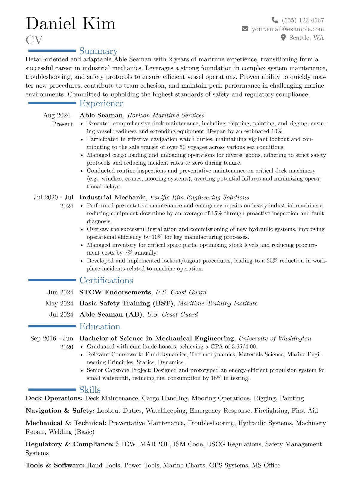 Able Seaman resume example, Career changer, page 1