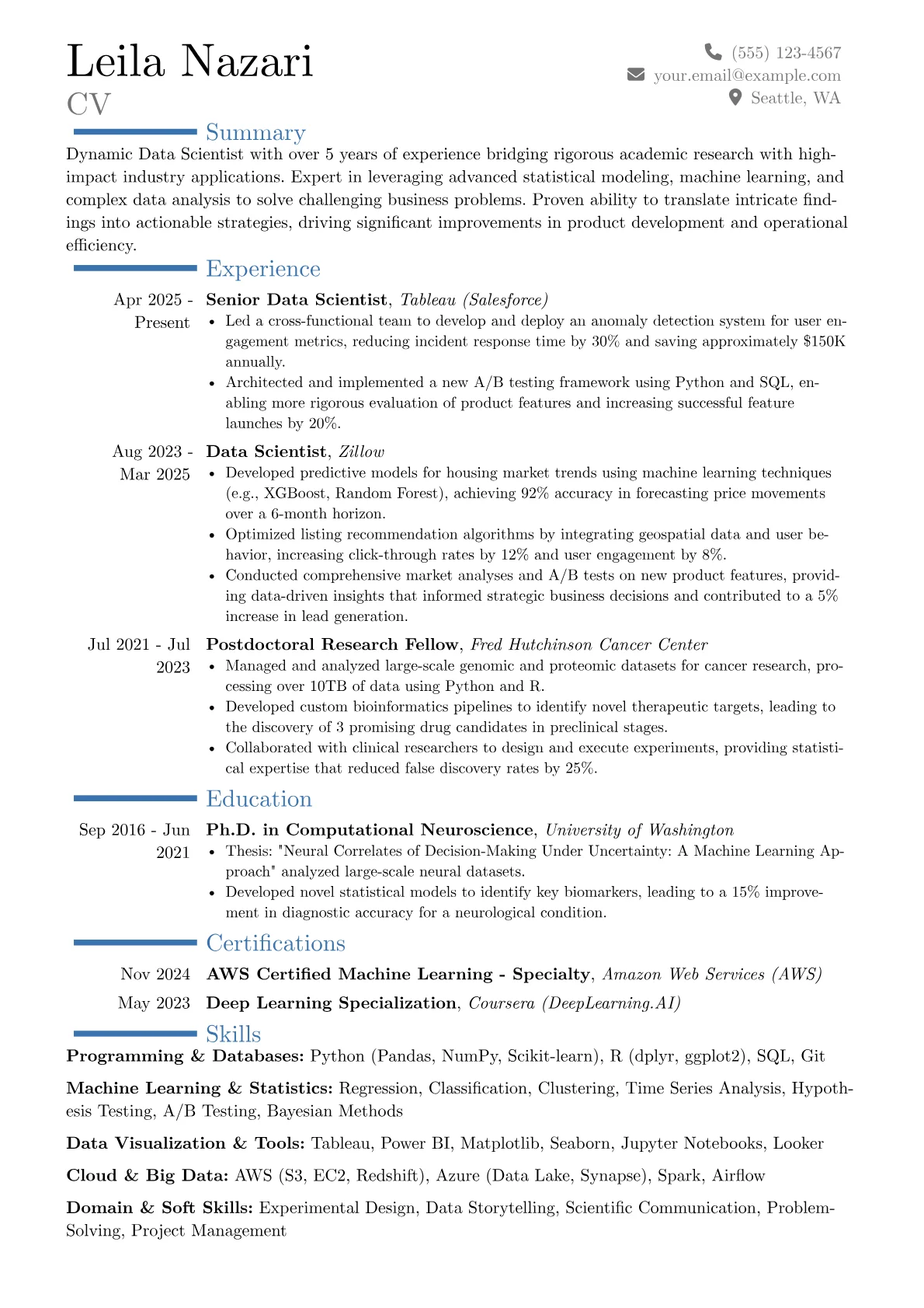 Academia to Industry resume example, Career changer, page 1