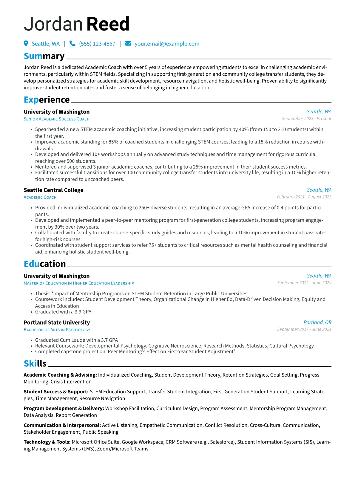 Academic Coach resume example, Academic Coach - STEM, page 1