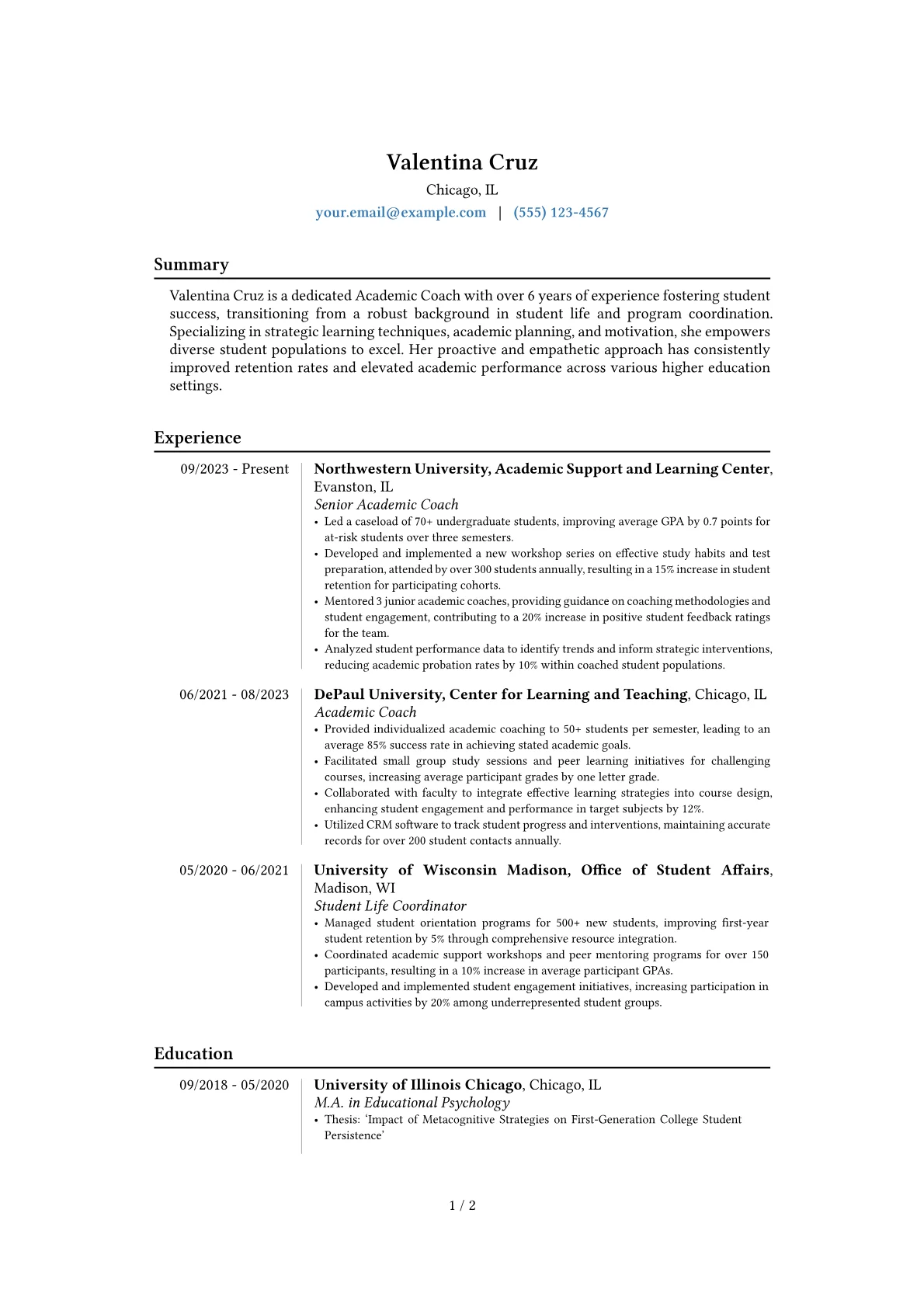 Academic Coach resume example, Career changer, page 1