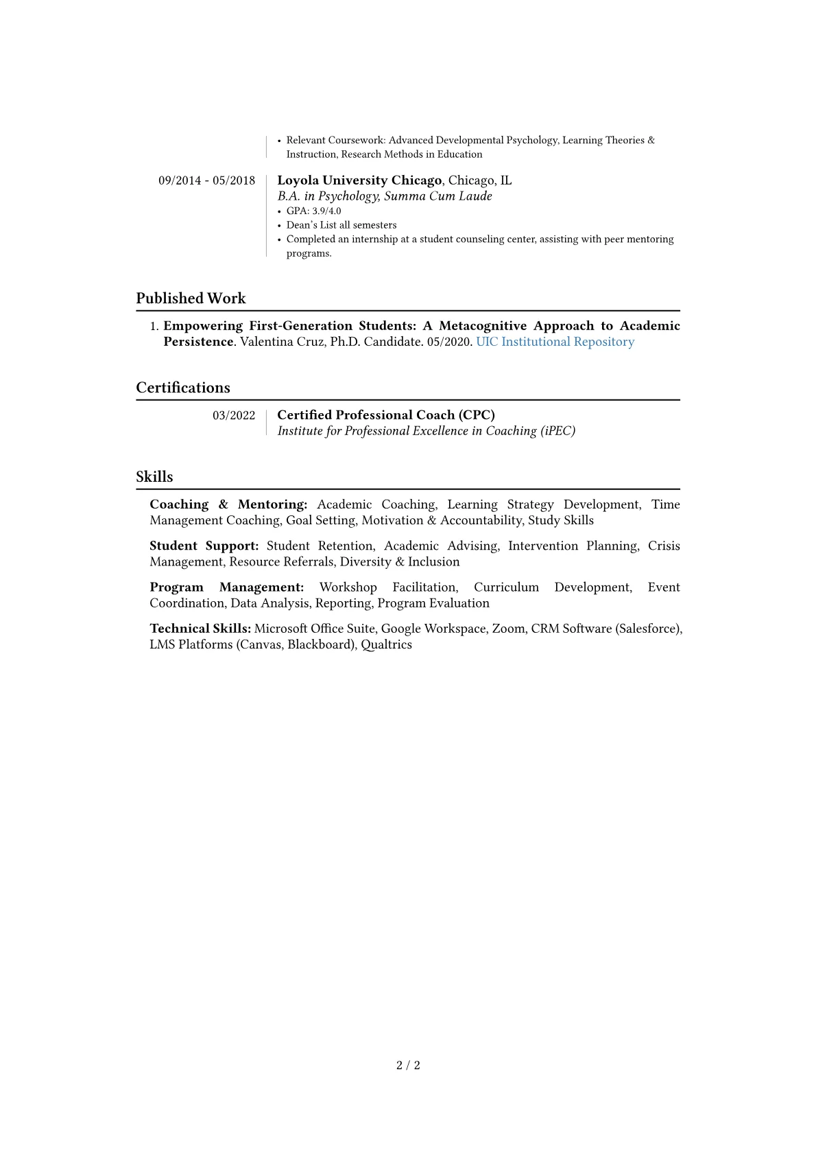 Academic Coach resume example, Career changer, page 2