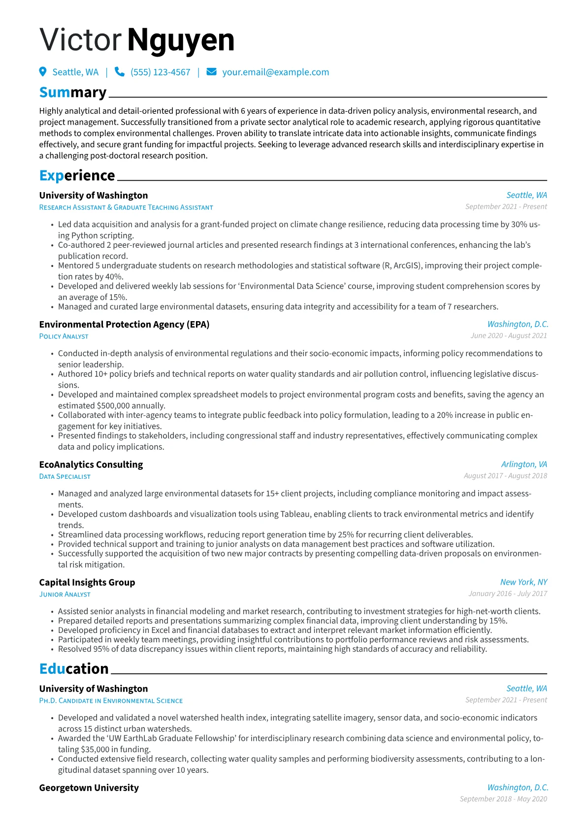 Academic CV Example resume example, Career changer, page 1