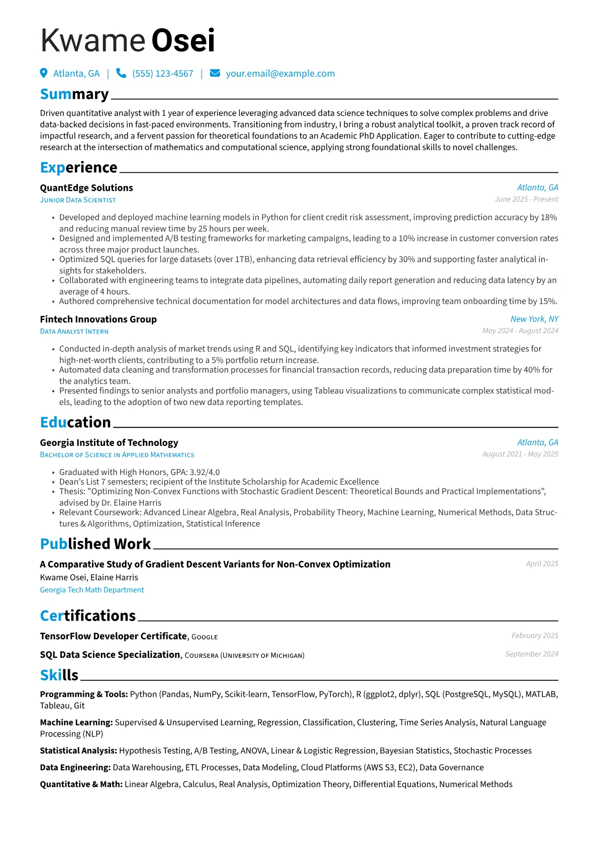Academic PhD Application resume example, Career changer, page 1