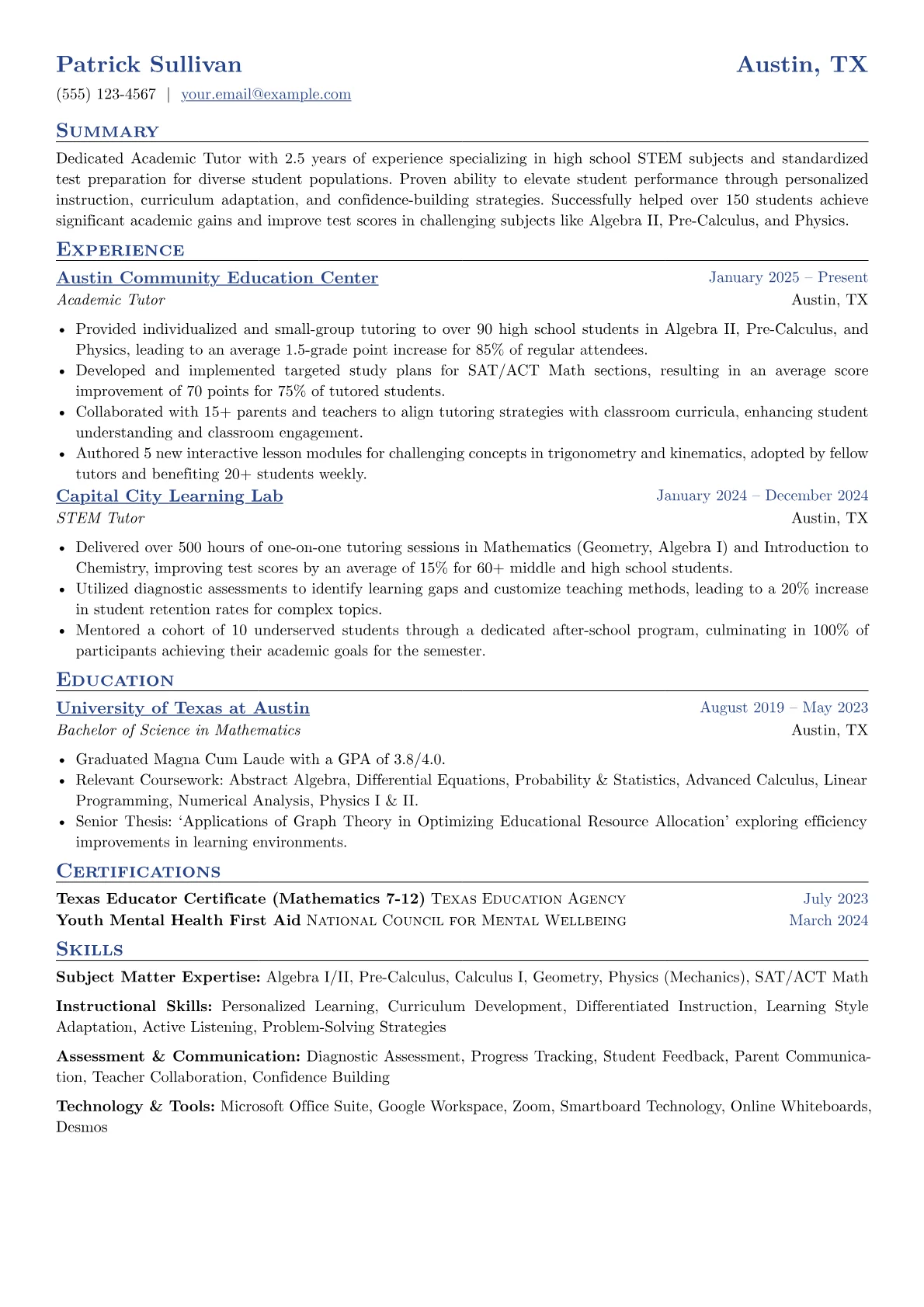 Academic Tutor resume example, Academic Tutor: High, page 1