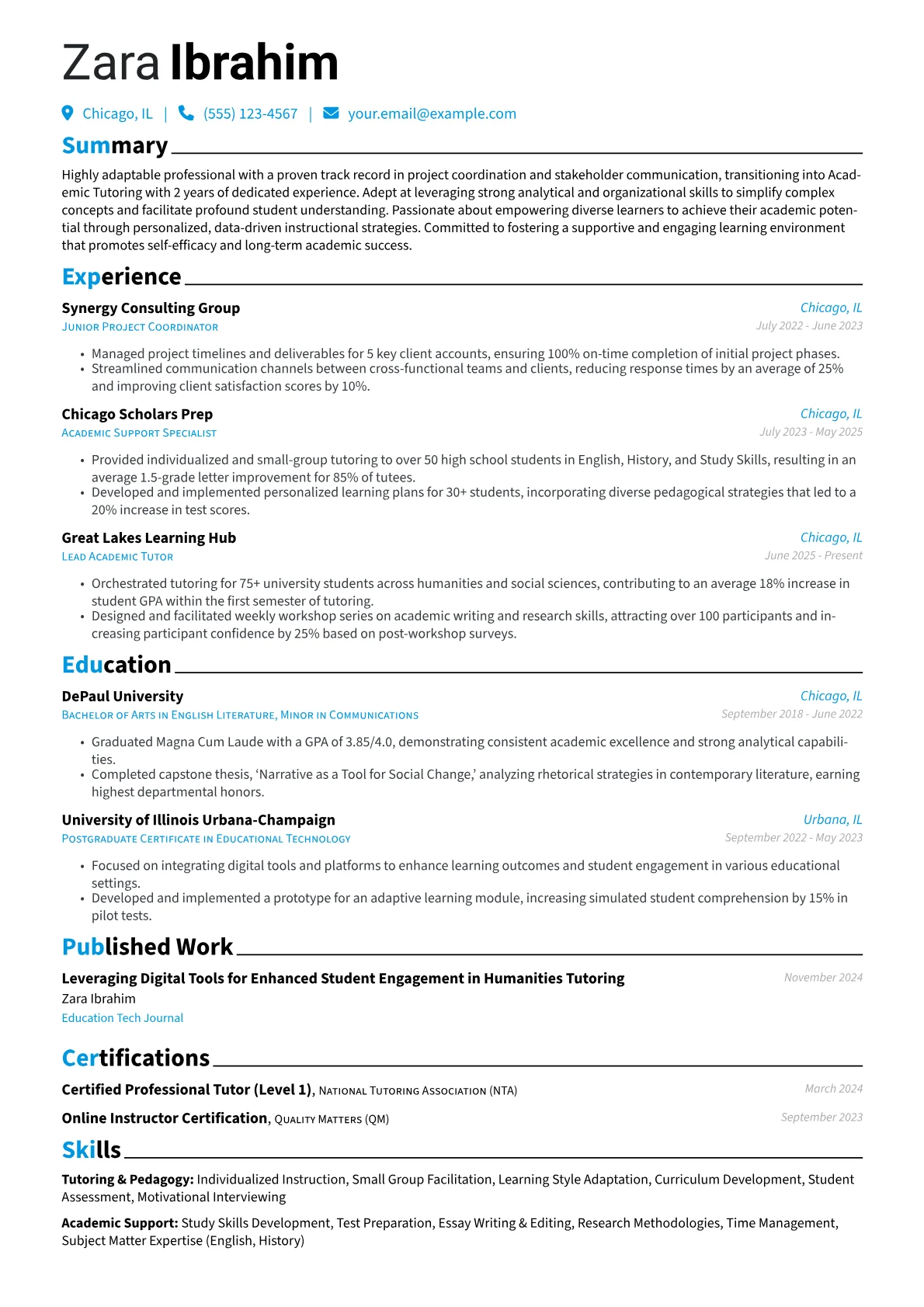 Academic Tutor resume example, Career changer, page 1
