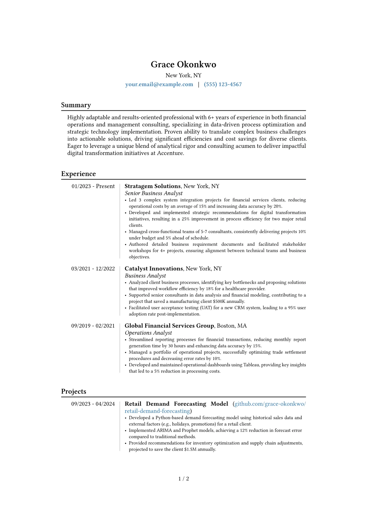 Accenture resume example, Career changer, page 1
