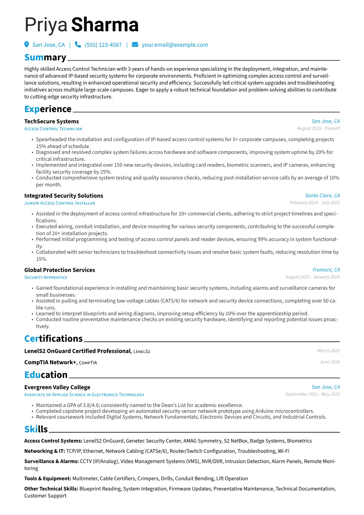 Access Control Technician resume example, Corporate Campus, page 1