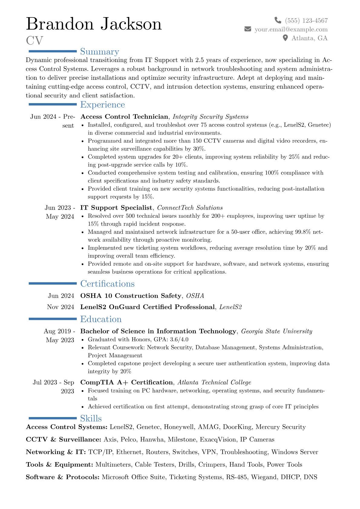 Access Control Technician resume example, Career changer, page 1
