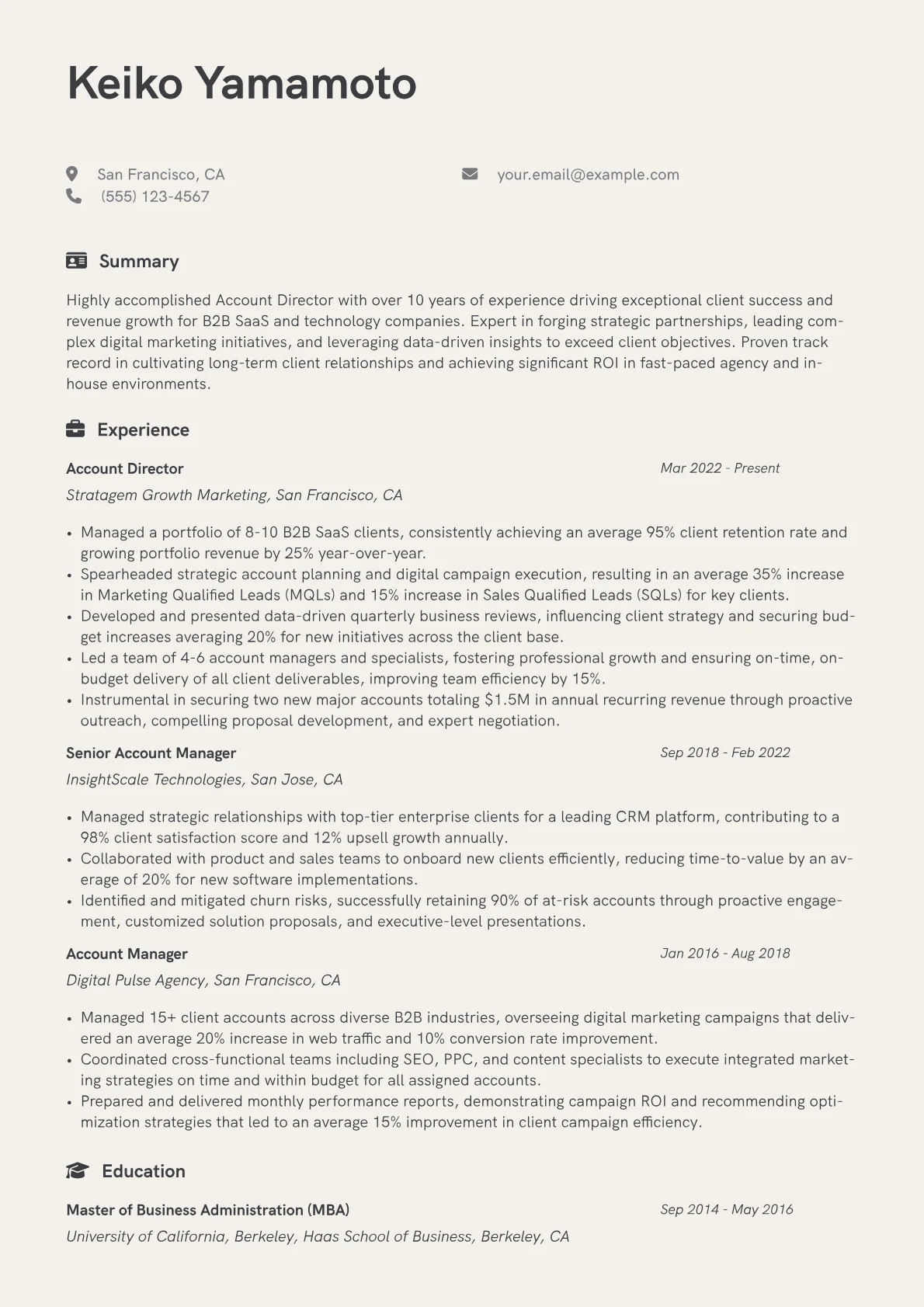 Account Director resume example, Client Relationship, page 1