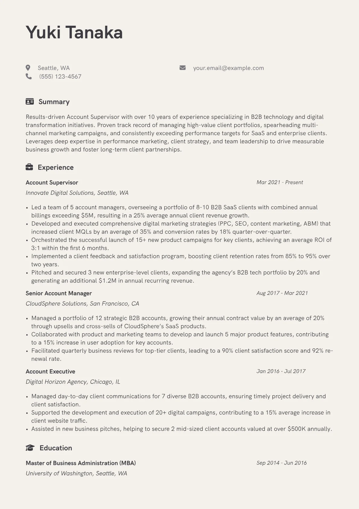 Account Supervisor resume example, Tech-Focused Digital, page 1