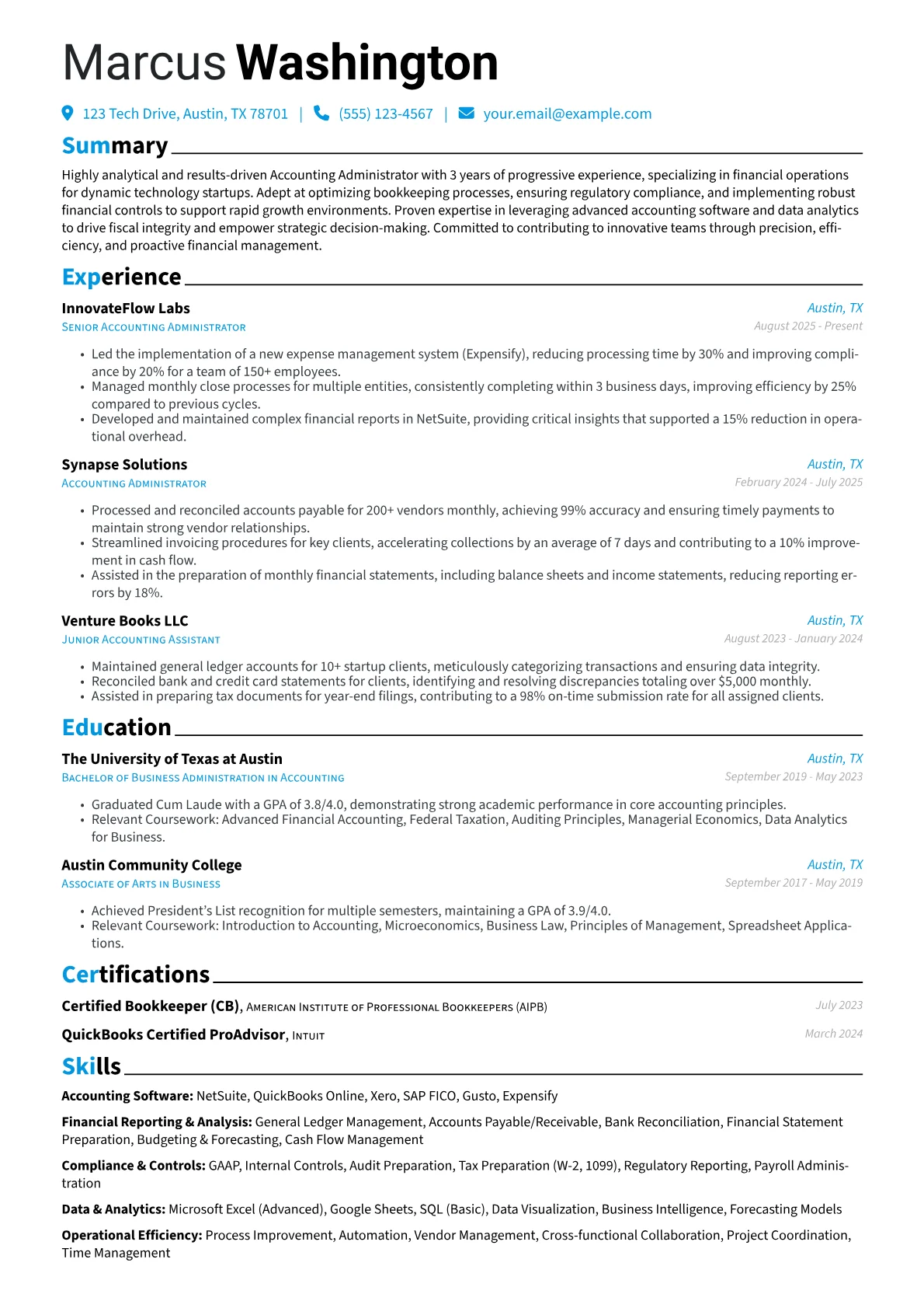 Accounting Administrator resume example, Tech Startup Accounting, page 1
