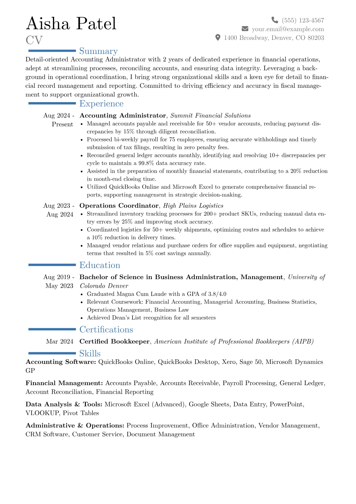 Accounting Administrator resume example, Career changer, page 1