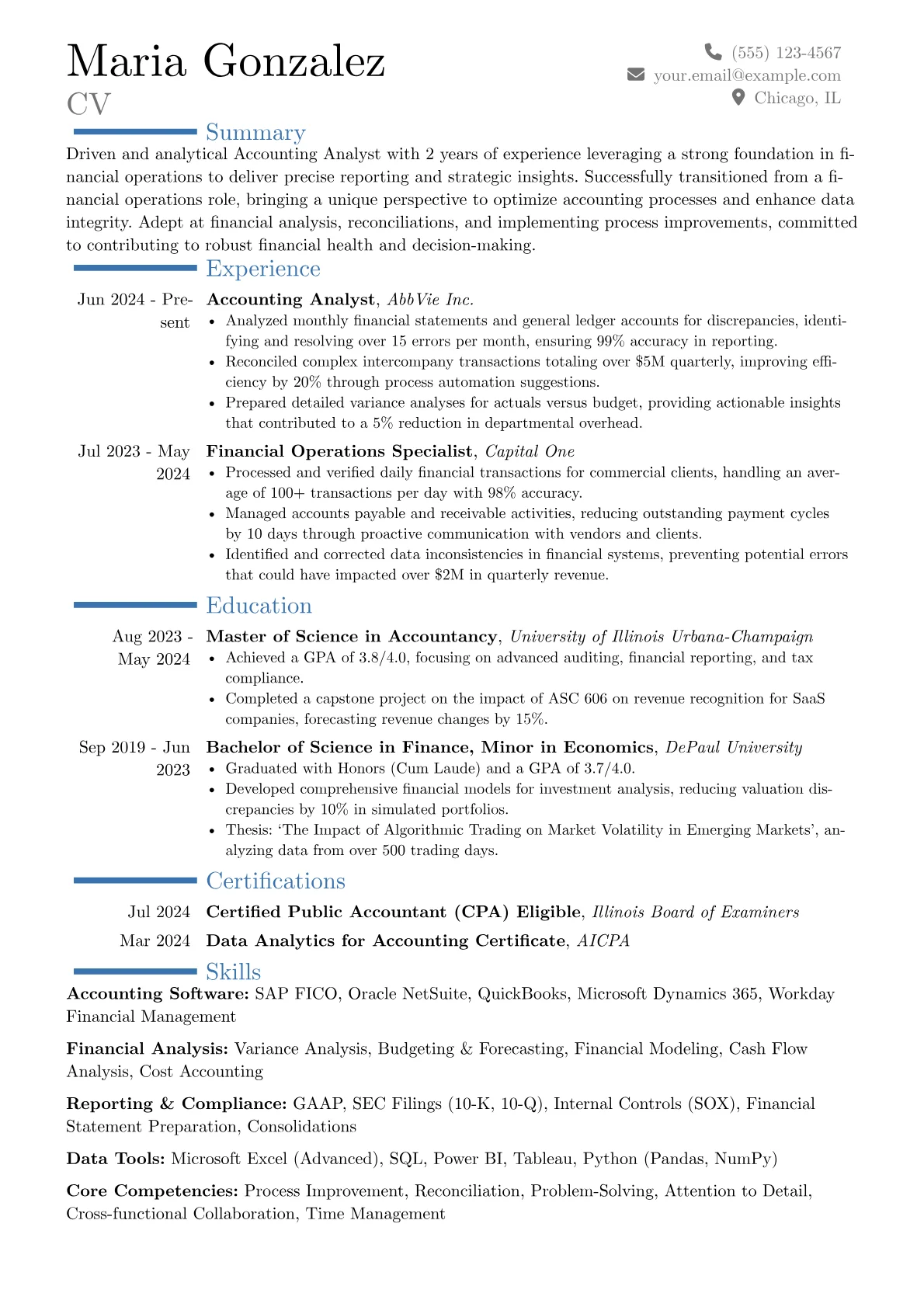 Accounting Analyst resume example, Career changer, page 1