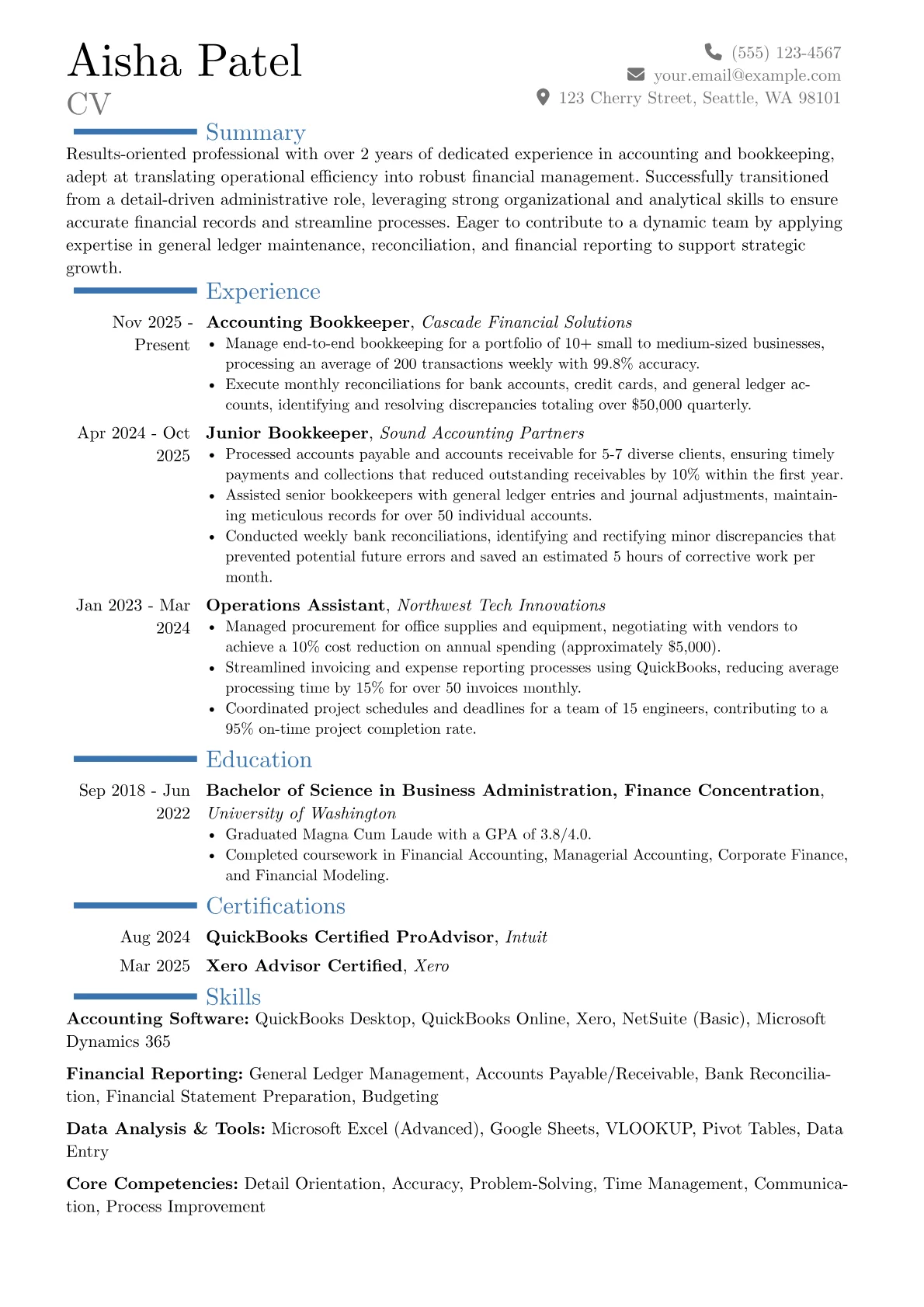 Accounting Bookkeeper resume example, Career changer, page 1