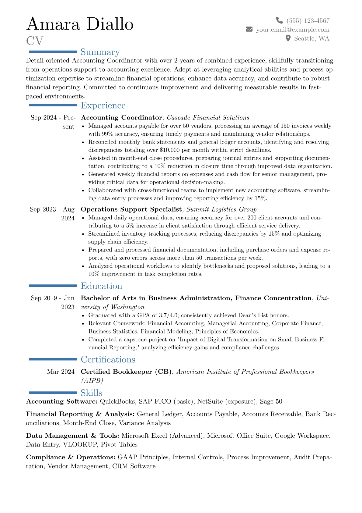 Accounting Coordinator resume example, Career changer, page 1