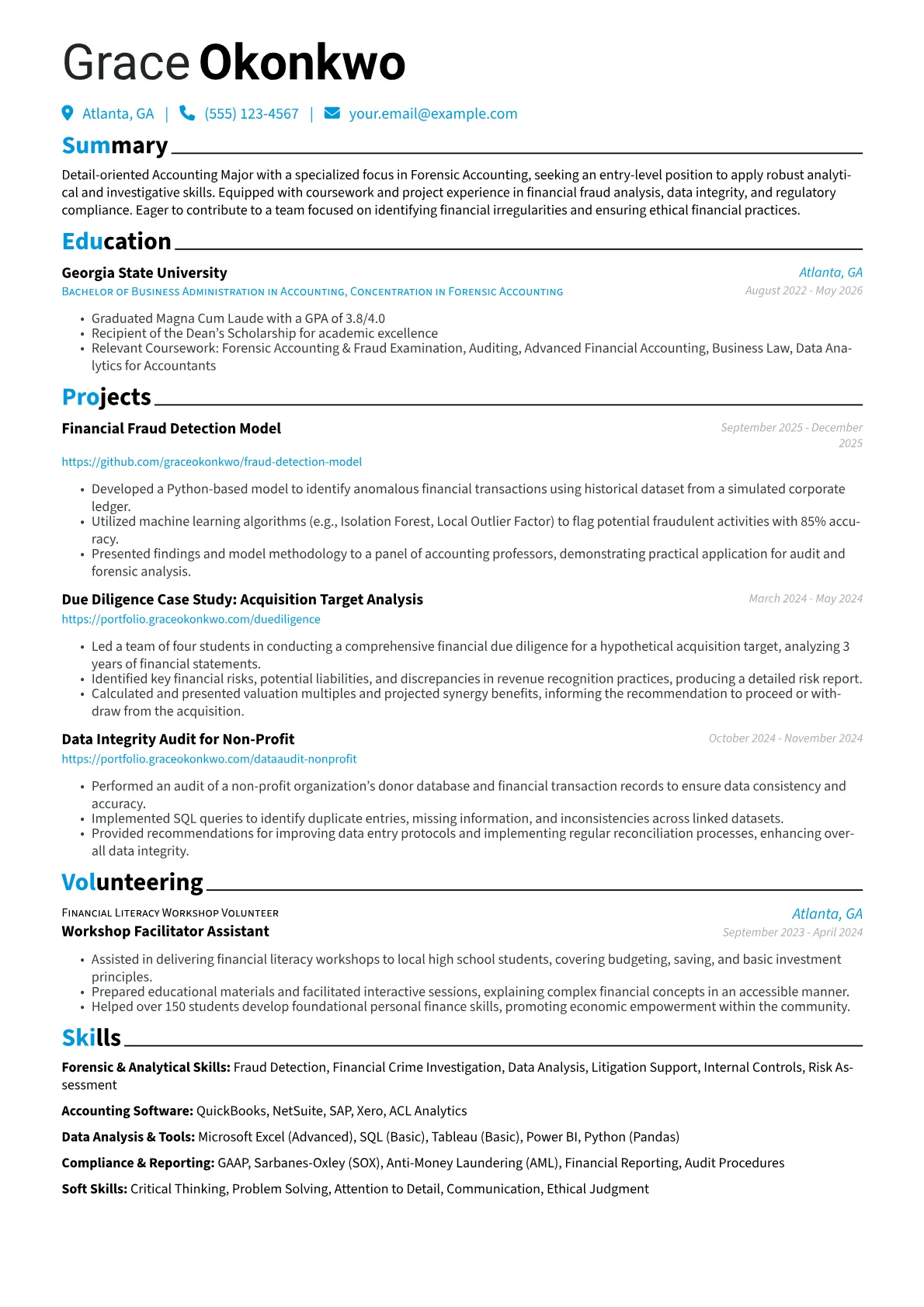Accounting Major resume example, Forensic Accounting Focus, page 1