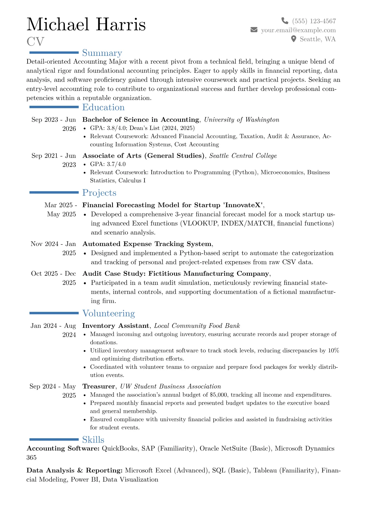 Accounting Major resume example, Career changer, page 1