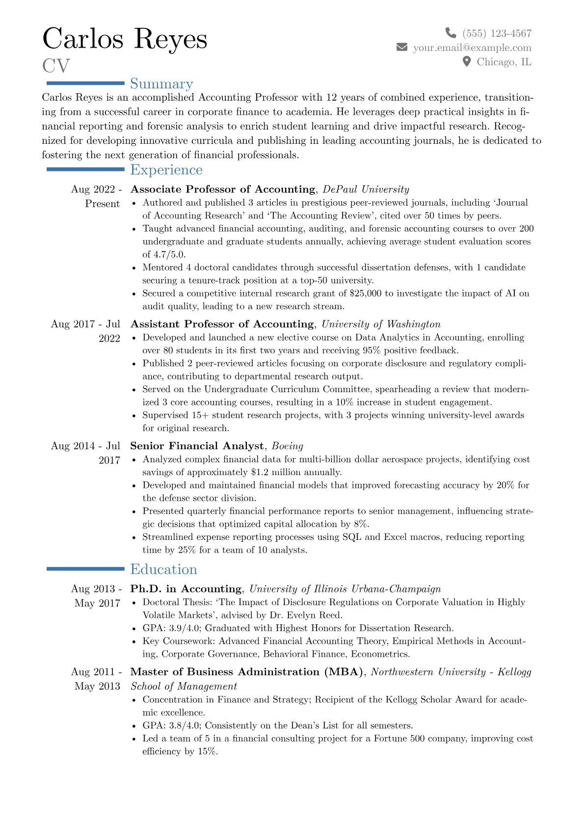 Accounting Professor resume example, Career changer, page 1