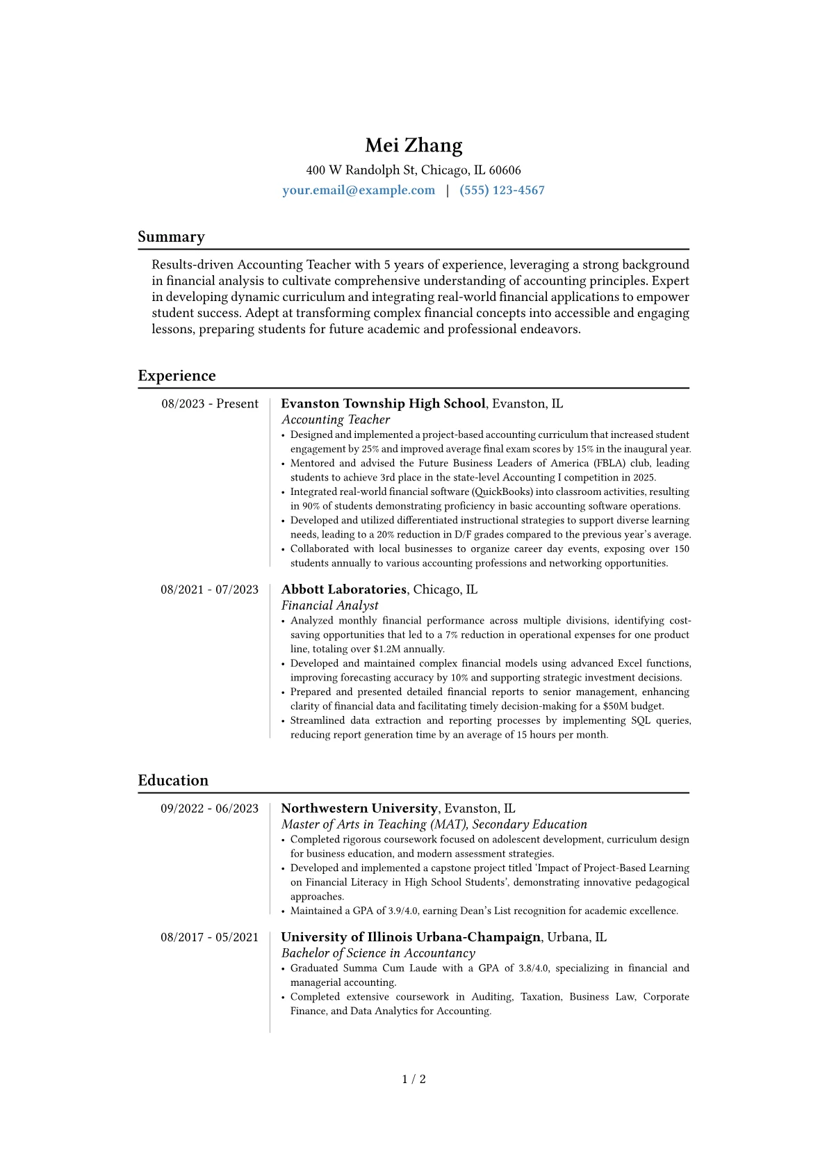 Accounting Teacher resume example, Career changer, page 1