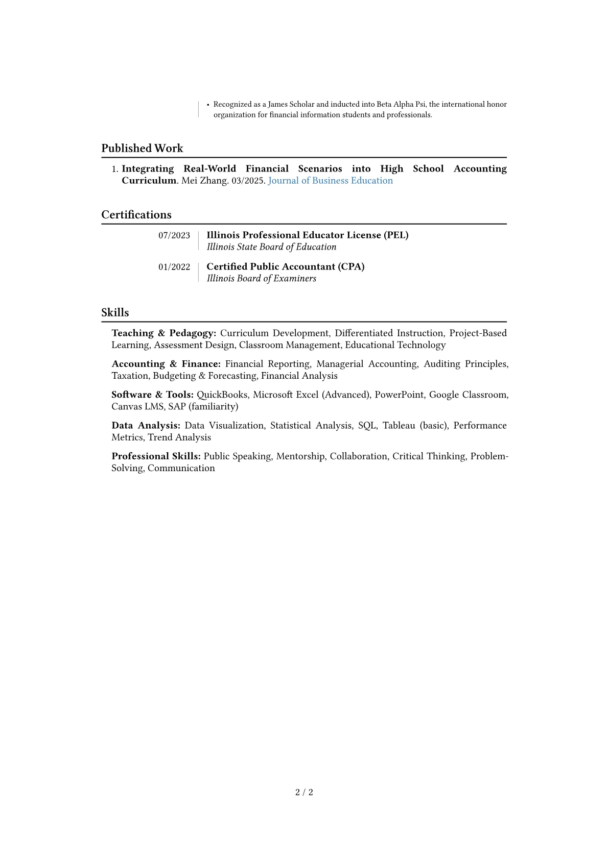 Accounting Teacher resume example, Career changer, page 2